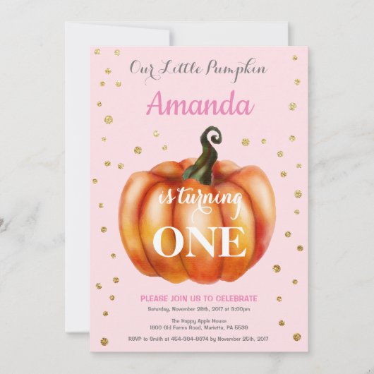 Girl Pumpkin Herfst Birthday Invitation Gold Kaart (Voorkant)