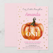 Girl Pumpkin Herfst Birthday Invitation Gold Kaart (Voorkant / Achterkant)