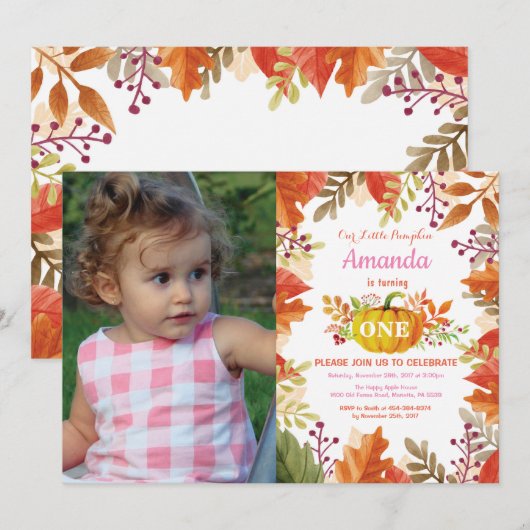 Girl Pumpkin Herfst Birthday Uitnodiging (Voorkant / Achterkant)