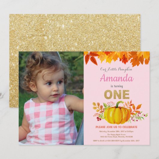 Girl Pumpkin Herfst First Birthday Gold Glitter Kaart (Voorkant / Achterkant)