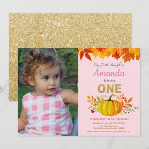Girl Pumpkin Herfst First Birthday Gold Glitter Kaart