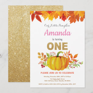 Girl Pumpkin Herfst First Birthday Gold Glitter Kaart