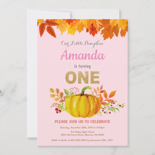 Girl Pumpkin Herfst First Birthday Gold Glitter Kaart (Voorkant)