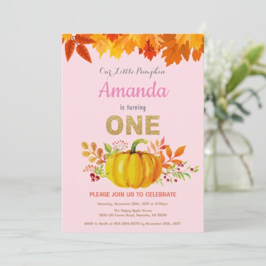 Girl Pumpkin Herfst First Birthday Gold Glitter Kaart (Staand voorkant)