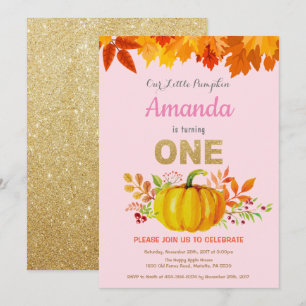 Girl Pumpkin Herfst First Birthday Gold Glitter Kaart