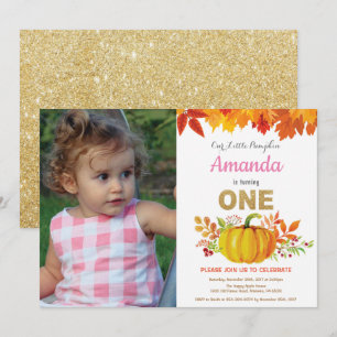 Girl Pumpkin Herfst First Birthday Gold Glitter Kaart