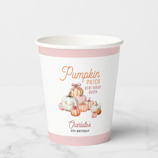 Girl Pumpkin Patch Bows Verjaardagsfeest Papieren Bekers (Achterkant)