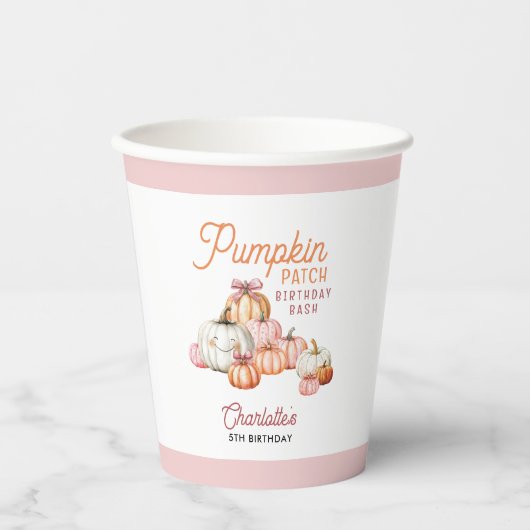 Girl Pumpkin Patch Bows Verjaardagsfeest Papieren Bekers (Voorkant)