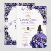 Girl Purple Dress Quinceañera 15 Anos Flowers Gold Kaart (Voorkant / Achterkant)