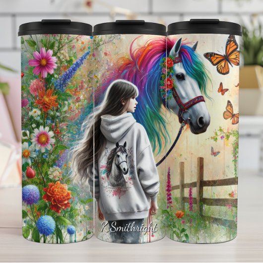 Girl Rainbow Horse Butterfly Meadow Magic Thermosbeker