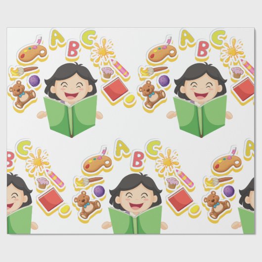 Girl Reading Learning ABC Letters and Toys Cadeaupapier (Vlak)