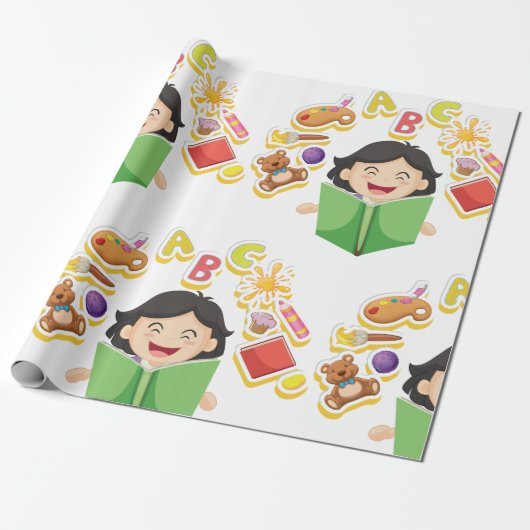 Girl Reading Learning ABC Letters and Toys Cadeaupapier (Uitgerold)