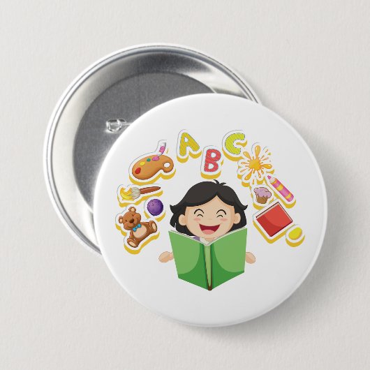Girl Reading Learning ABC Letters and Toys Ronde Button 7,6 Cm (Voorkant /achterkant)