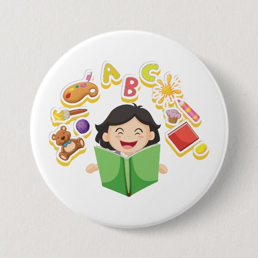 Girl Reading Learning ABC Letters and Toys Ronde Button 7,6 Cm (Voorkant)
