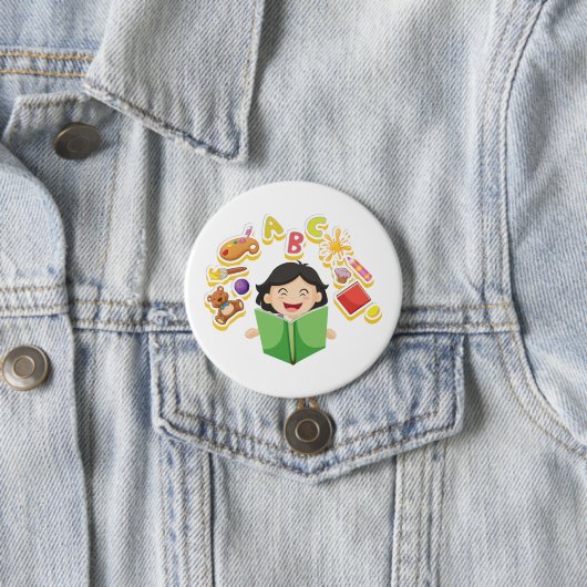 Girl Reading Learning ABC Letters and Toys Ronde Button 7,6 Cm (In situ)