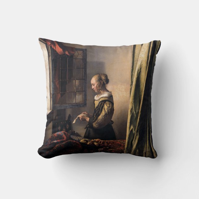 Girl Reading Letter at Open Window door Vermeer Kussen (Voorkant)