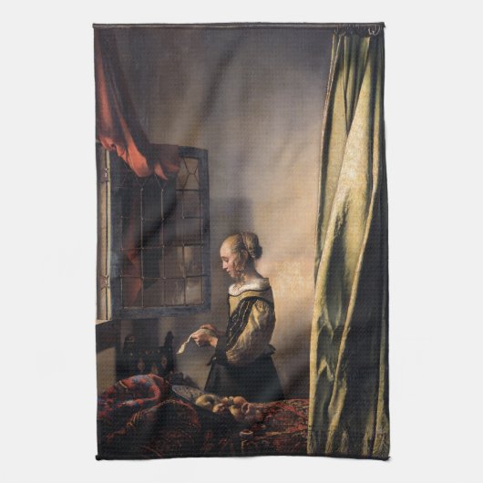Girl Reading Letter at Open Window door Vermeer Theedoek (Verticaal)