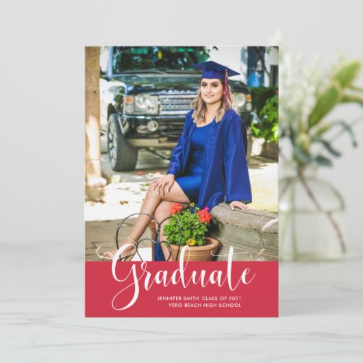 Girl Red Photo High School Graduparty Aankondiging (Staand voorkant)