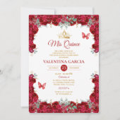 Girl Red Quinceañera 15 Anos Flowers Gold Crown Kaart (Voorkant)