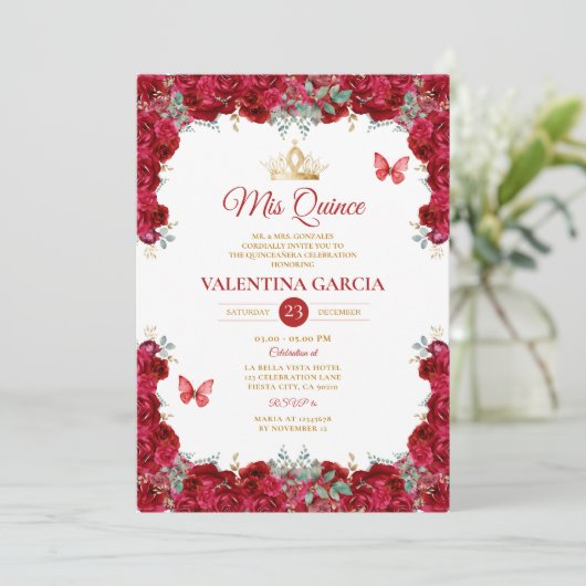 Girl Red Quinceañera 15 Anos Flowers Gold Crown Kaart (Staand voorkant)
