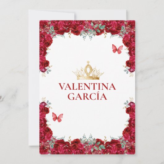Girl Red Quinceañera 15 Anos Flowers Gold Crown Kaart (Achterkant)