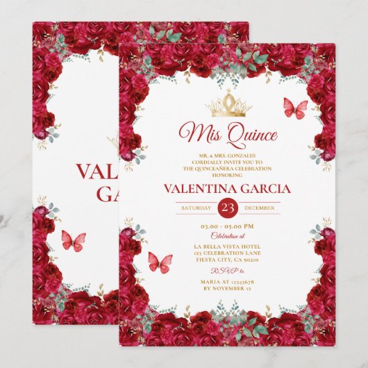 Girl Red Quinceañera 15 Anos Flowers Gold Crown Kaart (Voorkant / Achterkant)