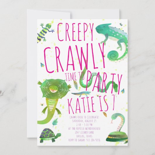 Girl Reptile Birthday Invitation - Lizards & Snake Kaart (Voorkant)