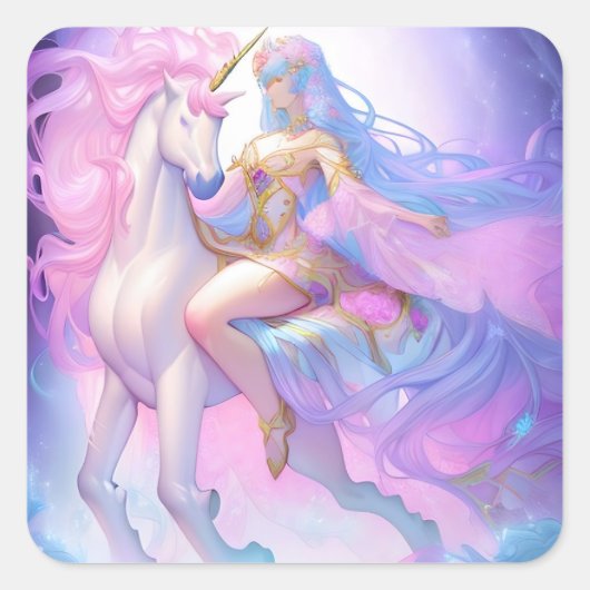 Girl Riding a Unicorn Vierkante Sticker (Voorkant)