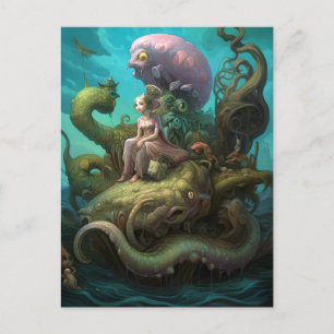 Girl Riding a Zee Monster Surreal Art Briefkaart