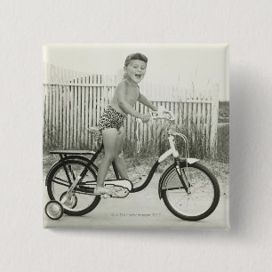 Girl Riding Bicycle Vierkante Button 5,1 Cm