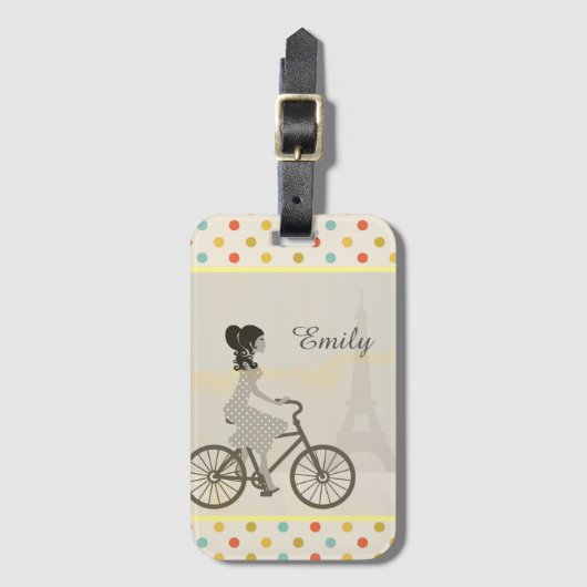 Girl Riding Bike in Paris Polka Dot Personalized Bagagelabel (Voorkant (verticaal))