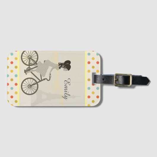 Girl Riding Bike in Paris Polka Dot Personalized Bagagelabel (Voorkant (horizontaal))