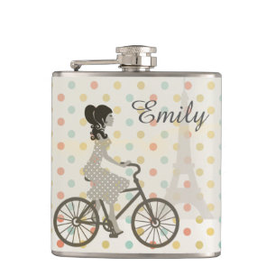Girl Riding Bike in Paris Polka Dot Personalized Heupfles