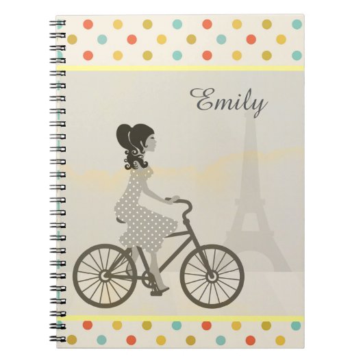 Girl Riding Bike in Paris Polka Dot Personalized Notitieboek (Voorkant)