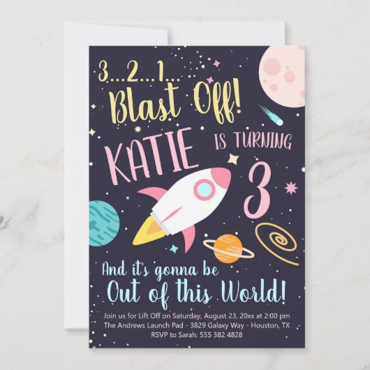 Girl Rocket Ship Outer Space Verjaardagsuitnodigin Kaart (Voorkant)