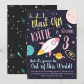 Girl Rocket Ship Outer Space Verjaardagsuitnodigin Kaart (Voorkant / Achterkant)