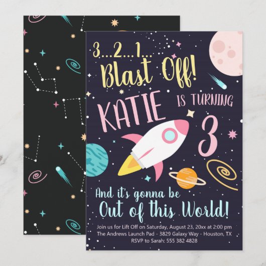 Girl Rocket Ship Outer Space Verjaardagsuitnodigin Kaart (Voorkant / Achterkant)