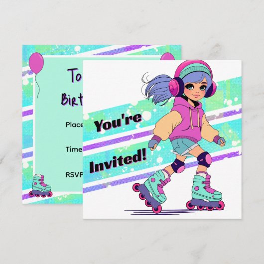 Girl Roller Skating Verjaardag Uitnodiging (Voorkant / Achterkant)