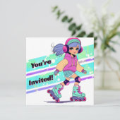 Girl Roller Skating Verjaardag Uitnodiging (Staand voorkant)