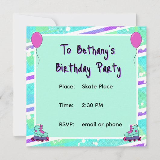Girl Roller Skating Verjaardag Uitnodiging (Achterkant)