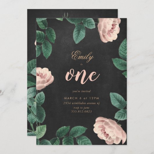 Girl Roos First Birthday Invitation Chalkboard Kaart (Voorkant / Achterkant)