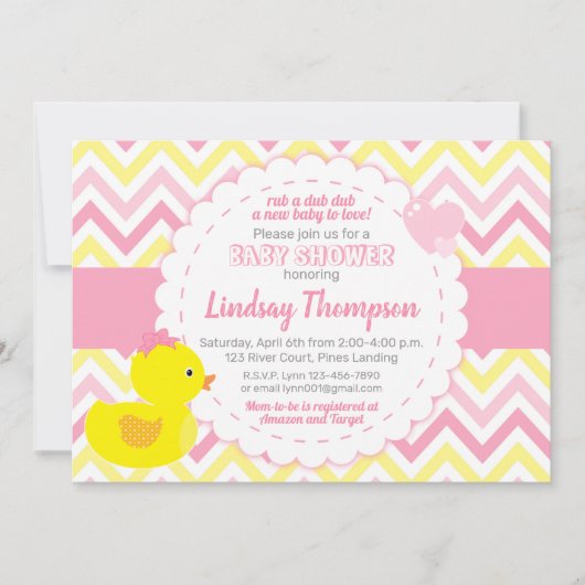 Girl Rubber Ducky Baby shower Invitation Kaart (Voorkant)