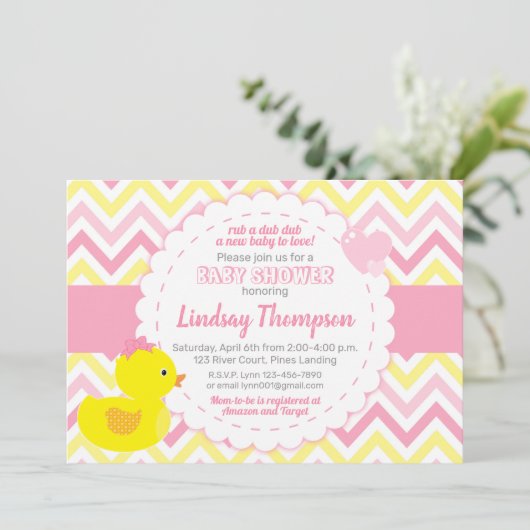 Girl Rubber Ducky Baby shower Invitation Kaart (Staand voorkant)