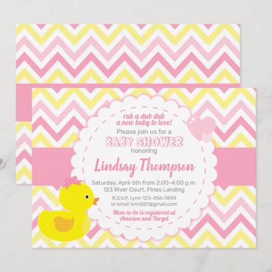 Girl Rubber Ducky Baby shower Invitation Kaart (Voorkant / Achterkant)