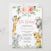 Girl Safari Animal Baby shower Invitation Greenery Kaart (Voorkant)