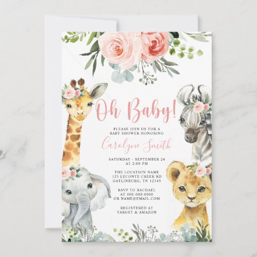 Girl Safari Animal Baby shower Invitation Greenery Kaart (Voorkant)