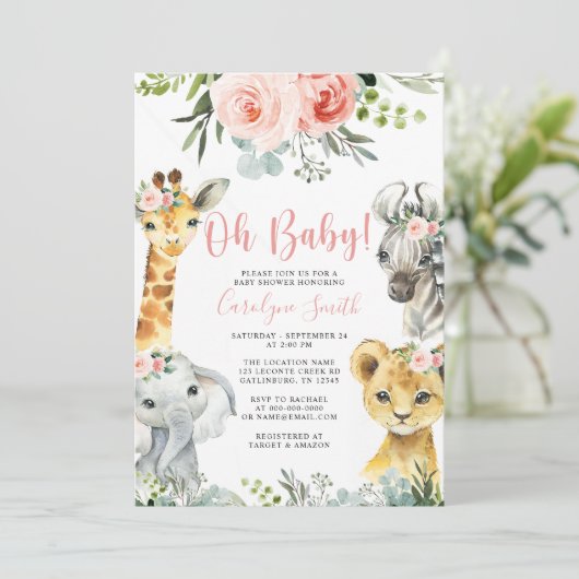 Girl Safari Animal Baby shower Invitation Greenery Kaart (Staand voorkant)