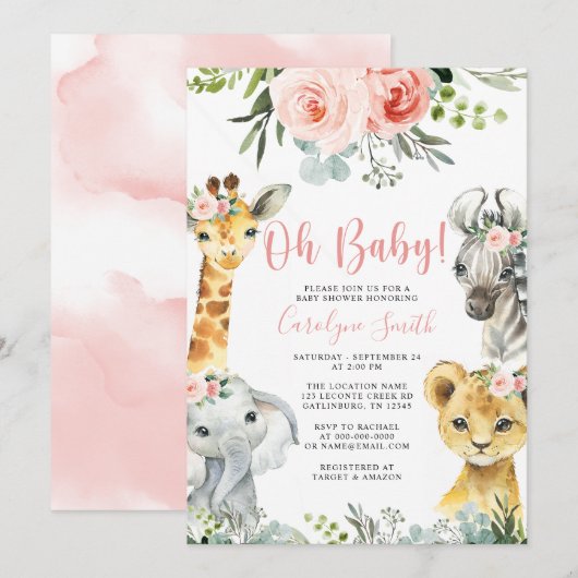 Girl Safari Animal Baby shower Invitation Greenery Kaart (Voorkant / Achterkant)