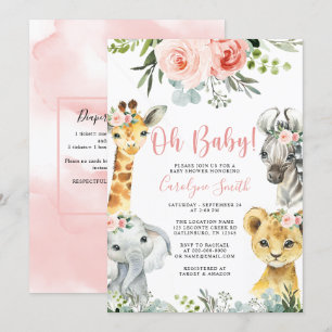 Girl Safari Animal Greenery Baby shower Invitation Kaart