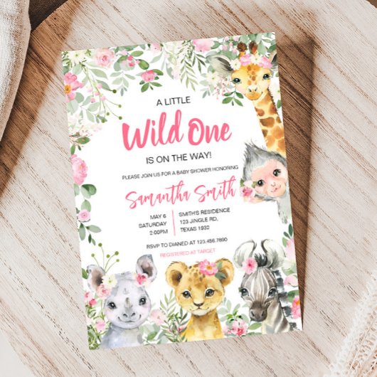 Girl Safari Animals Baby shower Kaart